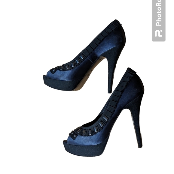 Tori Burch Erinn Satin platform size 9m. Navy blue black studs peek a boo toe - Picture 3 of 8